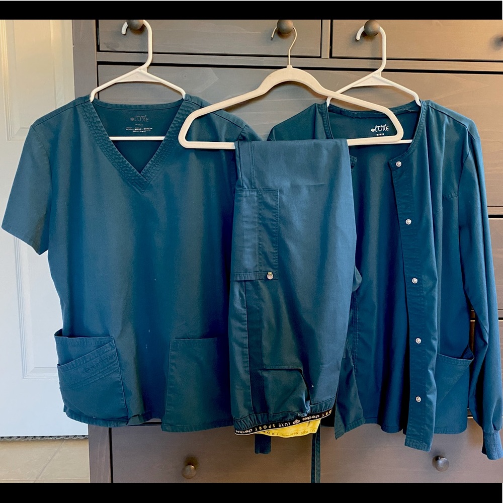 Cherokee Luxe Scrub Set Caribbean Blue (dark teal) Size M Medium Top Jacket Pant